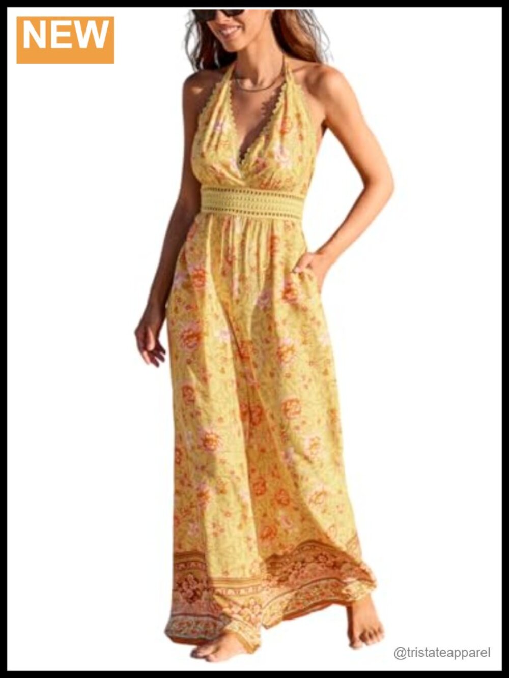 Women's Floral Halter Wide Leg Backless Jumpsuit with Pockets